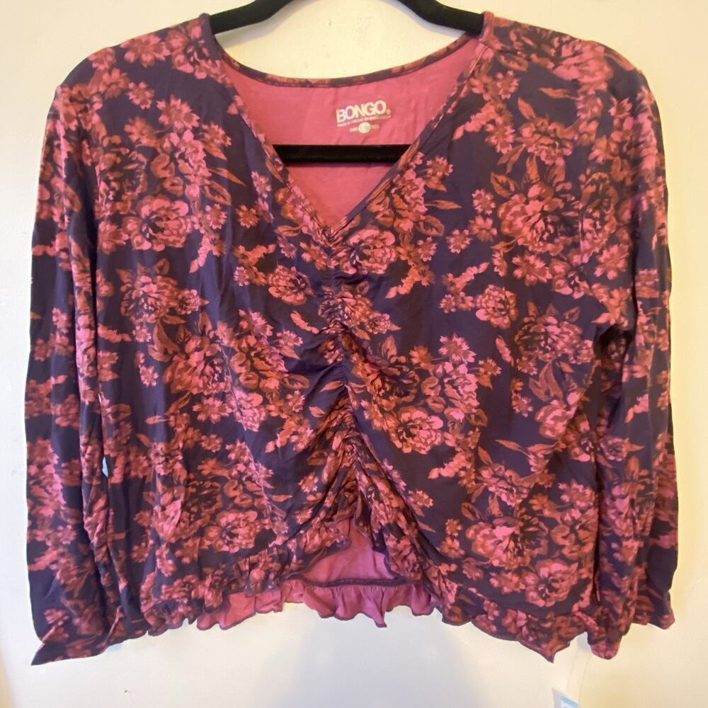 Vintage Y2K Sears Bongo Blouse Too Dark Purple Floral Emo Ruffle Ruched L New